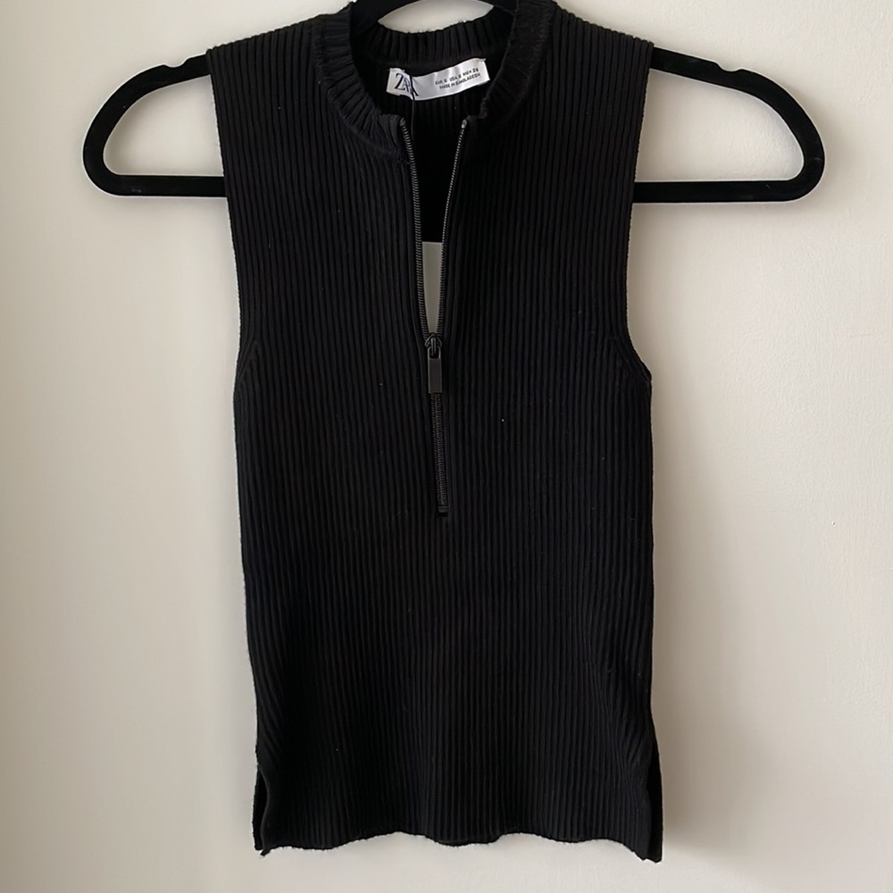 Zara Black Ribbed Zip-Neck Tank Top